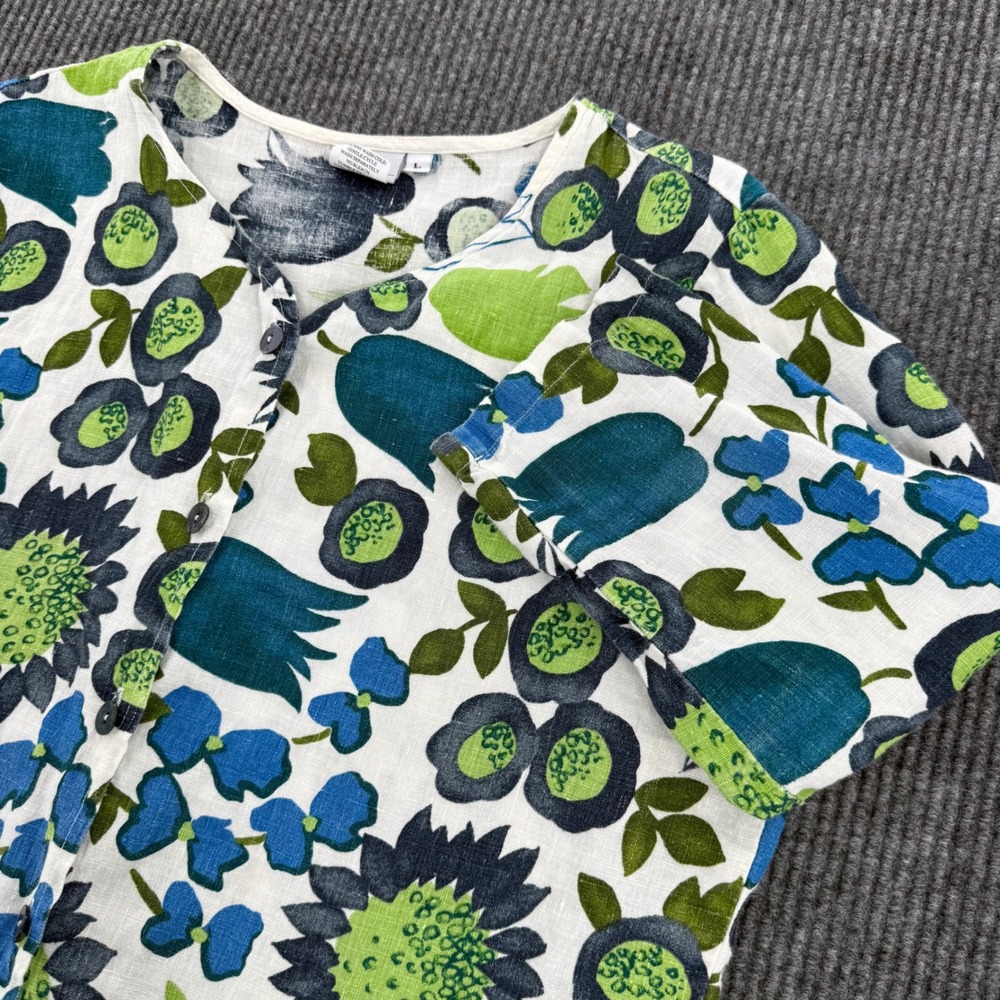 Hot Cotton Womens Large Blue Green White Linen Floral Button Up Shirt USA